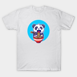 Cute Panda Eating Noodle Ramen With Chopstick Cartoon T-Shirt